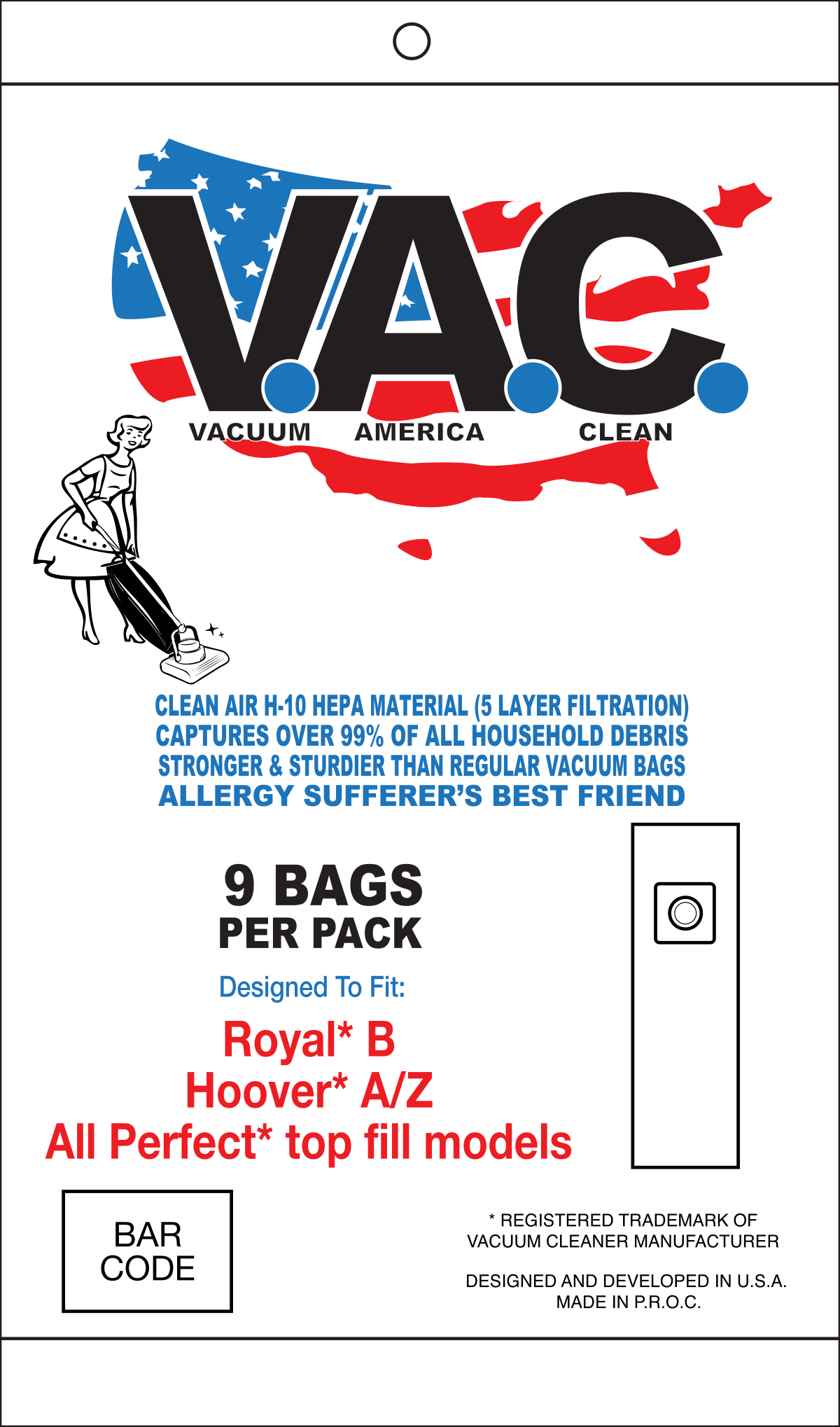 Perfect - P103, P104, P107, P108 / Royal Style B Uprights H-10 HEPA Filtration (Pack of 9) - VAC7