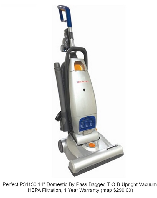 (Reconditioned) Perfect P31130 14'' Domestic By-Pass Bagged T-O-B Upright Vacuum, HEPA Filtration
